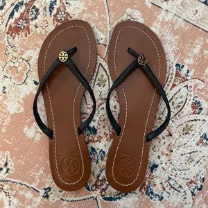 Tory Burch black leather flip flops
